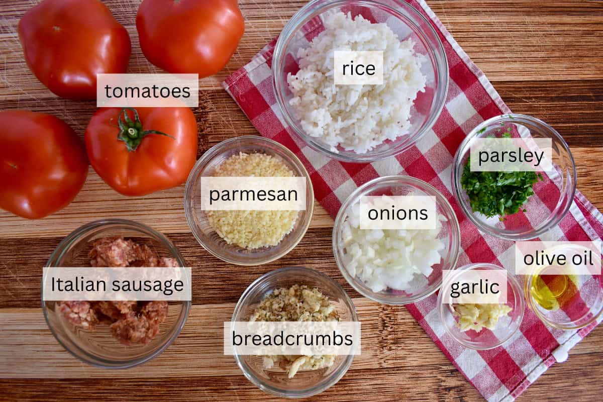 Ingredients for recipe including white rice and Italian sausage.