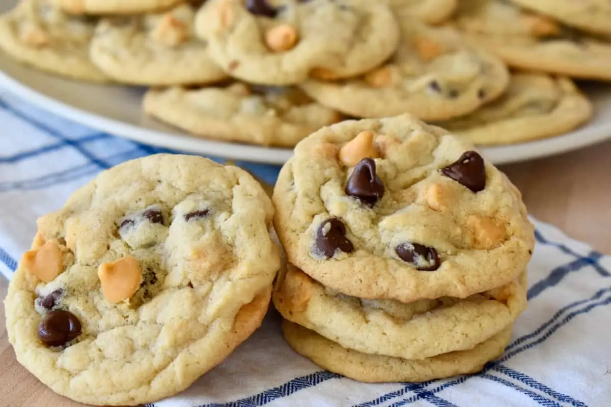 Butterscotch Chocolate Chip Cookies stacked on top of each other. 