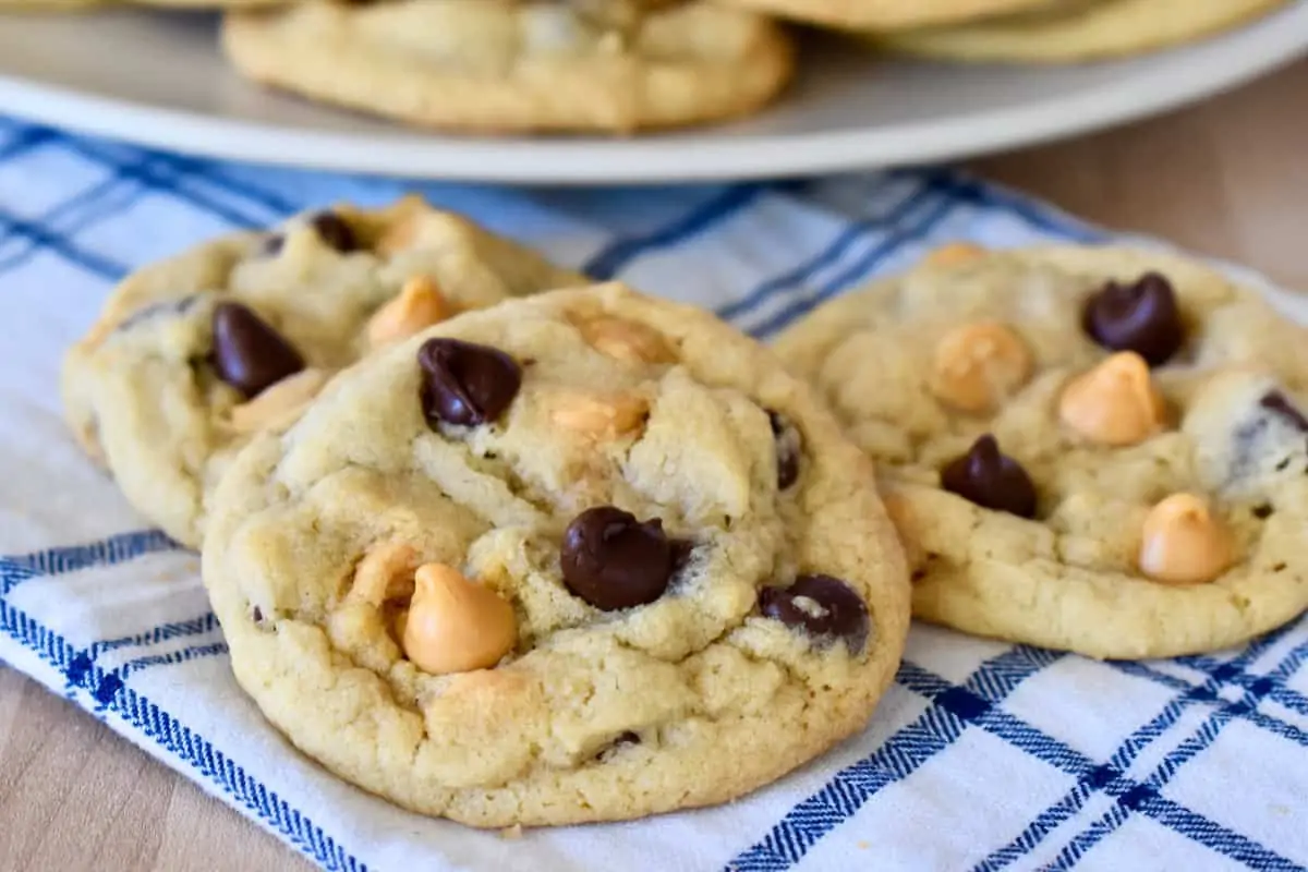 Butterscotch Chocolate Chip Cookies stacked on each other. 