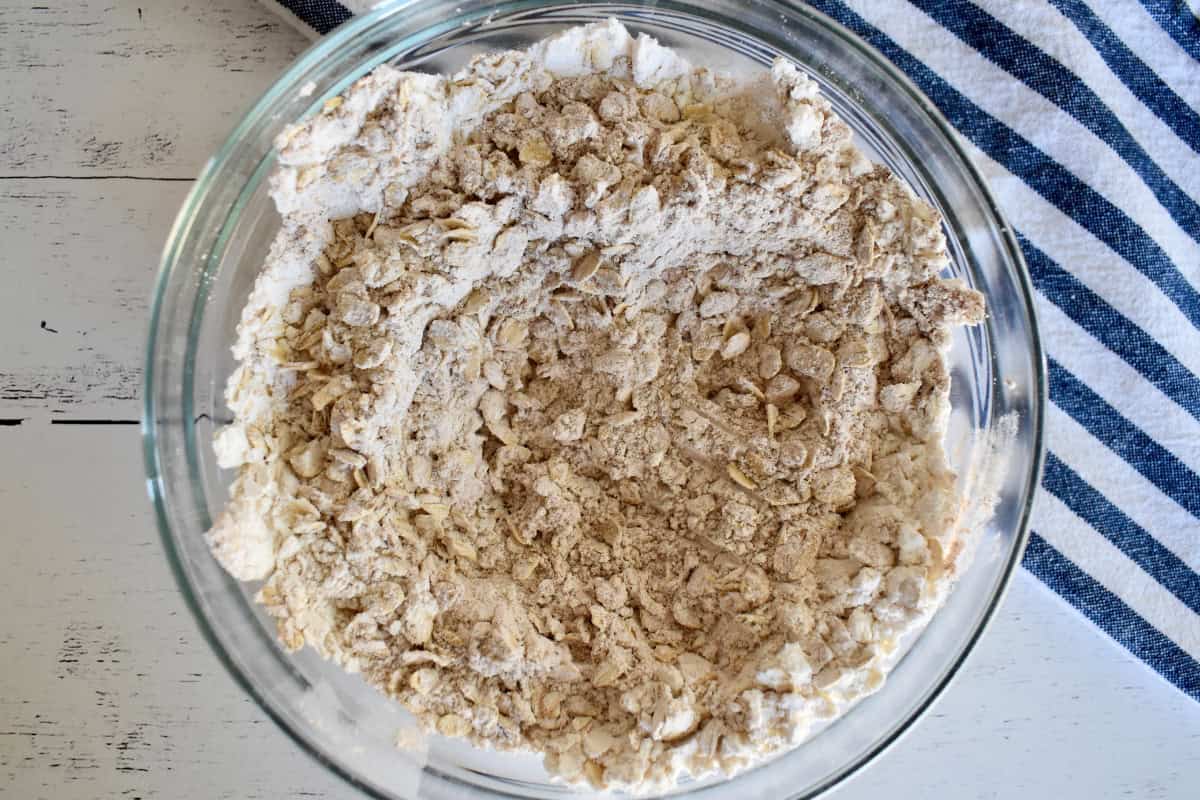 Dry ingredients mixed together in a glass bowl. 