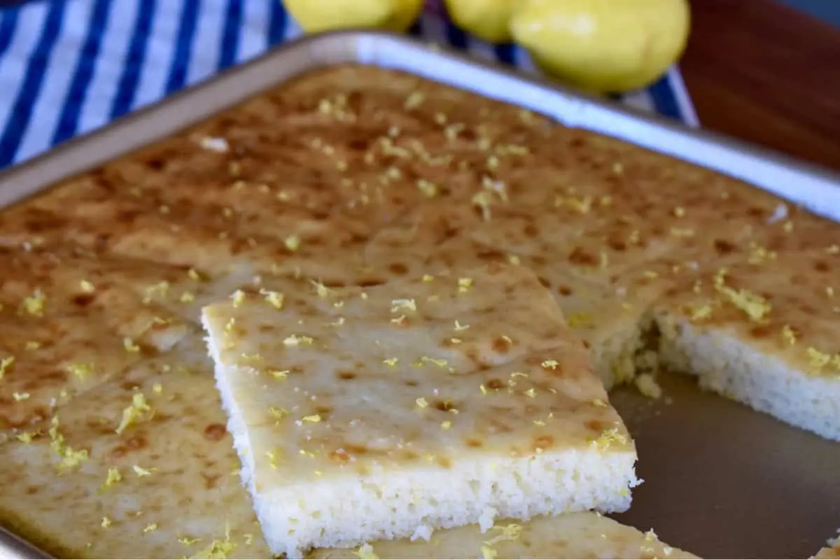 Sheet Pan Lemon Ricotta Pancakes square on top of the pan full of pancakes.